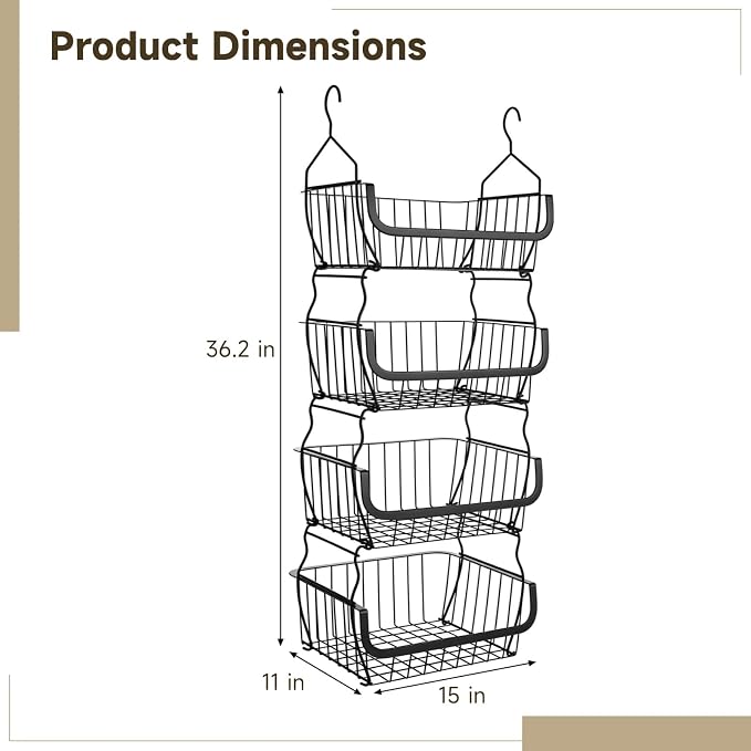 4 Tier Hanging Closet Organizer, 36.2 x 15 x 11 in Carbon Metal Hanging Storage Basket, Rustproof Heavy Duty Closet Wire Storage Shelf for Closet, Laundry, Dorm - Image 2
