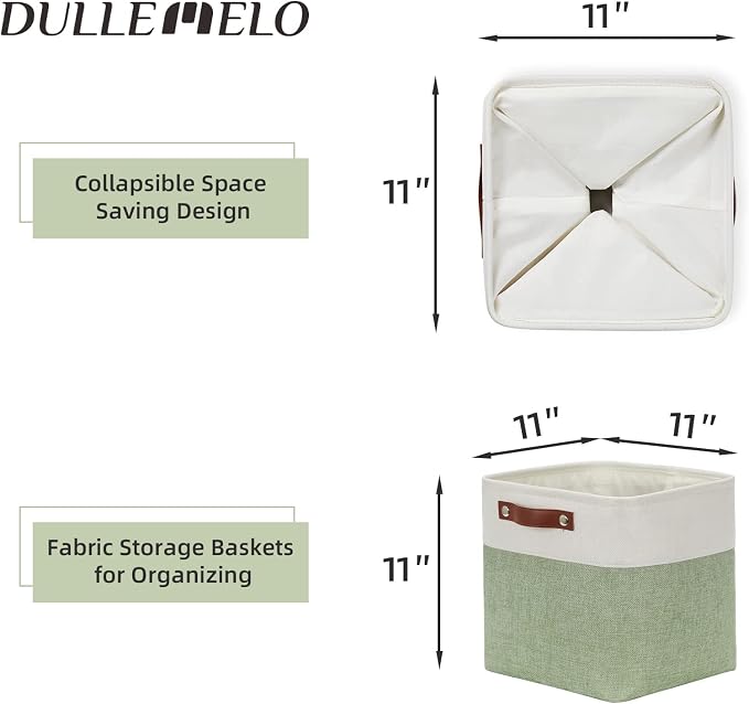 DULLEMELO Storage Baskets for Organizing, Fabric Storage Cubes for Box, 11 Inch Decorative Cube Storage Bins with handle for Gift Basket(4 Pack - 11" White&Green) - Image 3