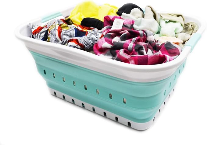 SAMMART 42L (11 gallon) Collapsible Plastic Laundry Basket - Foldable Pop Up Storage Container/Organizer - Space Saving Hamper/Basket (1, White/Lake Green) - Image 5