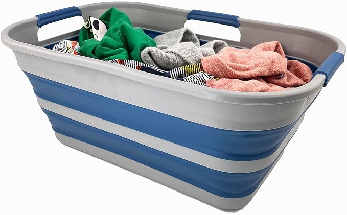 SAMMART 21L (5.5 Galloons) Collapsible Plastic Storge Basket - Foldable Pop Up Storage Container/Organizer - Portable Washing Tub - Space Saving Hamper/Basket (Grey/Mist Blue (Set of 2)) - Image 5