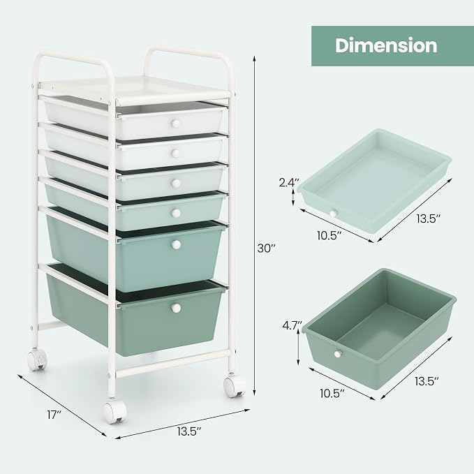 Giantex 6 Storage Drawer Cart Rolling Organizer Cart for Tools Scrapbook Paper Home Office School Multipurpose Mobile Utility Cart, Green Gradient - Image 3