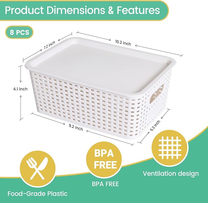 Ohmlove 8 Pack Plastic Storage Baskets with Lids for Organization | Stackable Storage bins, Storages Baskets for Organizing Shelves Drawers Desktop Closet Playroom Classroom Office, White - Image 2