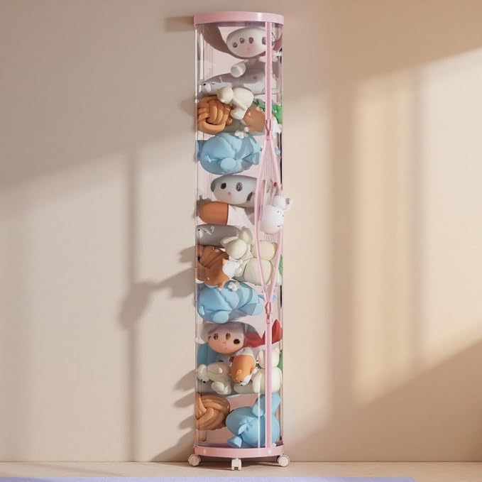 Upgraded Stuffed Animal Storage Tube,Tall (150cm) Plush Organizer with 4 Wheels, PET Clear Bucket & Double Zipper, Space-Saving Toy Storage for Kids Room, Tidy Zoo Bin for Stuffed Animals (Pink) by Unknown