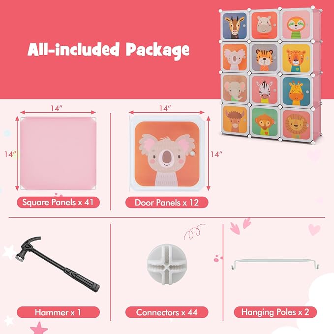 HONEY JOY Kids Wardrobe Closet, Baby Cartoon Clothes Storage Organizer, 12 Cubes & 2 Hanging Sections, Portable Children DIY Modular Bedroom Armoire Dresser Cabinet for Boys Girls (Pink) - Image 7
