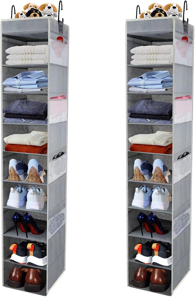 2 Pack Large-Sized Hanging Shoe Organizer 10-Shelf, Sturdy Hanging Closet Organizer with 8 Side Pockets, Wider Hanging Shelves for Storage Shoes Clothes Jeans Shirts Toys, Grey. by ROOMTALK