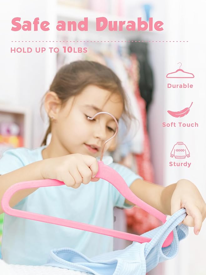 Kids Velvet Hangers 50 Pack, 14 Inch Premium Non Slip Kids Felt Hangers for Closet, Space Saving Toddler Clothes Hanger for Youth's Childrens' Clothes (Rose Gold Hook)- Pink | Premium Kids Hangers for Closet Storage, Space Saving Toddler Clothes Hanger... - Image 6