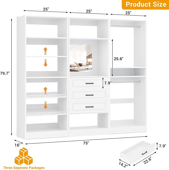 Unikito 75" Modular Closet System with 3 Sets, Mirror & Drawers, White | Hanging Rods & Adjustable Shelves, Freestanding Wood Wardrobe Garment Rack, Walk in Tower Clothes Storage Organizer Unit - Image 7