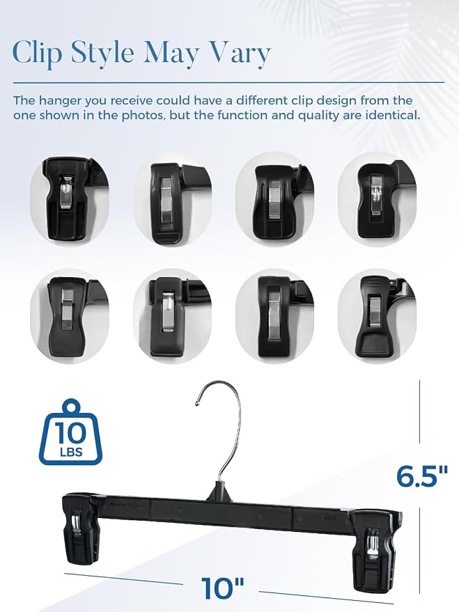 Smartor Space Saving Hangers 60 Pack, Slim Plastic Pants and Shorts Hangers, Ridged Non-Slip with Pinch Clips, 360-Rotating Chrome Swivel Hook, Black Plastic Hanger - 10 Inches | Non-Slip Clips, 360° Swivel Hooks; Compact Plastic Clip Hangers for Dorms... - Image 9