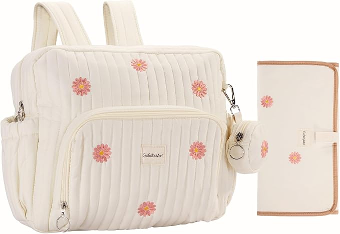 Diaper Bag Backpack with Changing Pad - Travel Baby Bag, Insulated Bottle Pockets, Stroller Straps (Medium - Beige Flowers) by GoBabyMart
