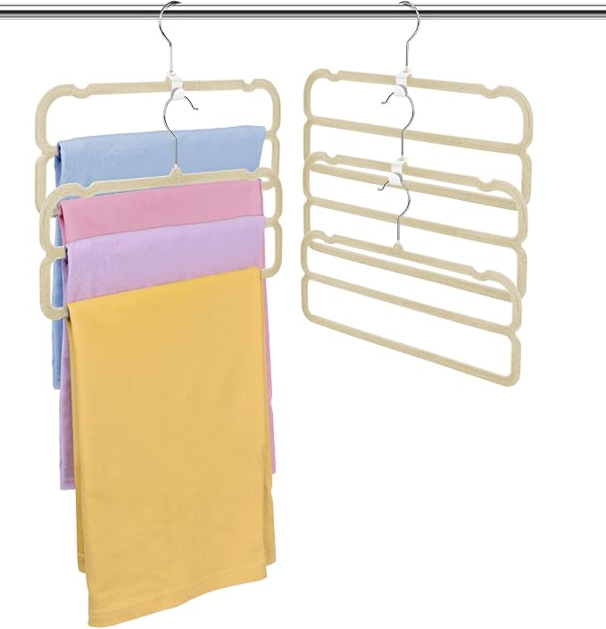 10 Pack Velvet Pants Hangers Space Saving, Non Slip 2-Layer Hanger (Beige) | Heavy Duty Flocked Trouser Hangers,pants organizer for closet with Swivel Hook, Felt Jean Hangers for Women and Men - Image 2
