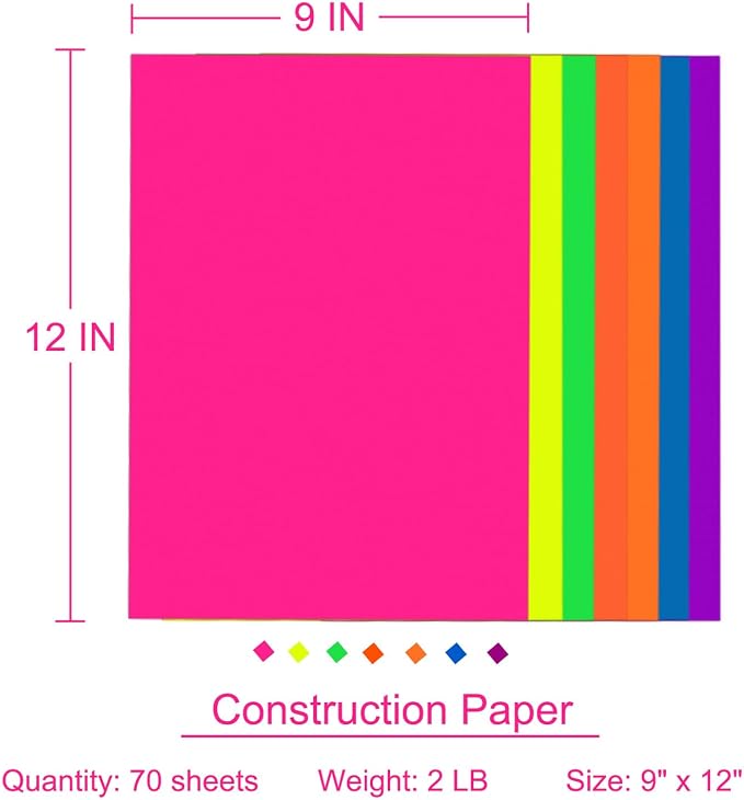 Construction Paper 9x12 in,70 Sheets,Set of 7 Colors Neon Fluorescent 178GSM/65LB Heavyweight Construction Paperfor Crafts,Arts,School Classroom Art Supplies Assorted Colors Bulk Paper - Image 2