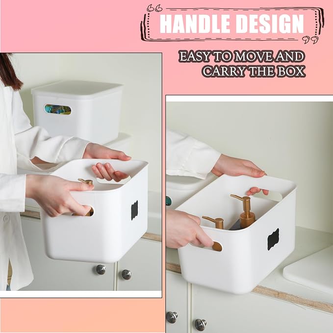BBTO 8 Pcs White Plastic Storage Bins with Lids Organizing Container with Handle Stackable Containers for Organizing Including Labels and Marker for Table Organization, 10.2 x 7.3 x 6.5 Inch - Image 4