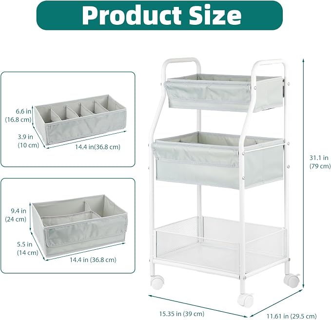 Rolling Utility Cart with Wheels, 3-Tier Diaper Cart, Rolling Nursery Cart & Baby Caddy Organizer for Nursery Essentials, Bedside/Postpartum Cart, Craft & Art Storage, Rolling Book Cart - Image 3