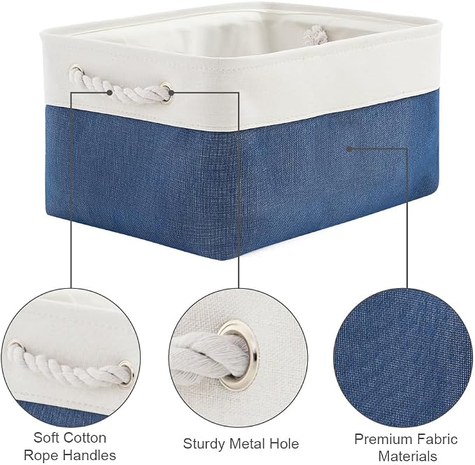 Storage Basket for Organizing - Medium 3 Pack 14x10x7 inch Fabric Storage Cubes for Shelves with Rope, Collapsible Storage Bin for Organizer Closet Cloth Gift Toy (White & Jean Blue) - Image 6