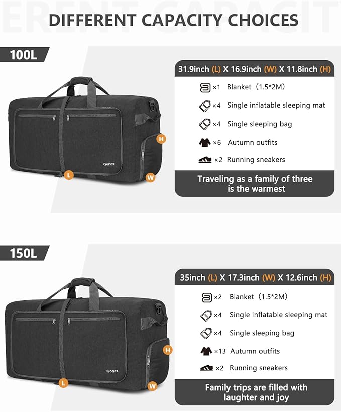 Gonex 60L Foldable Travel Duffle Bag with Shoe Compartment, Lightweight | 210D Nylon, Water-Repellent, Folds Compact, Multiple Pockets, Luggage Sleeve, Weekend Trips & Camping, Dark Grey - Image 3