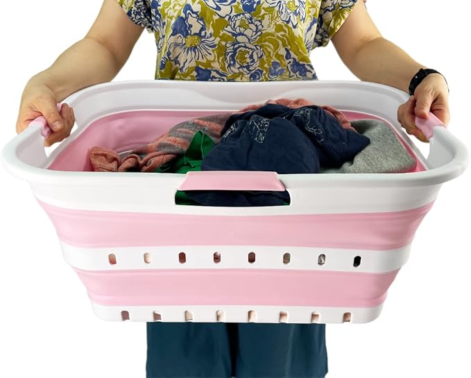 SAMMART 42 (11 Gallons) Collapsible Plastic Laundry Basket, Foldable Pop Up Storage Container/Organizer, Space Saving Hamper, Portable Bin for Dorm Room Bathroom (2, White/Cherry Pink) - Image 4