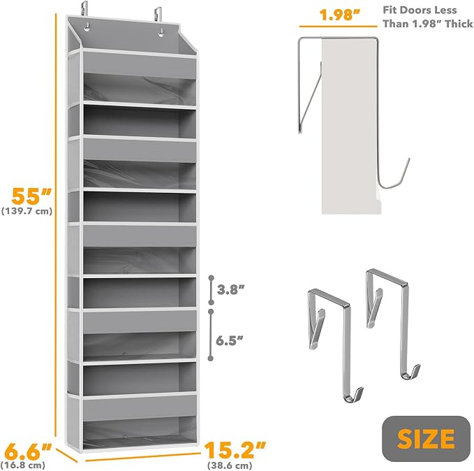 SpaceAid 1 Pack Over The Door Organizer with 5 Large Pockets and 10 Mesh Side Pockets, 5 Layers Door Organizer Hanging with Clear Window for Bedroom, Bathroom, Pantry and Nursery, Gray - Image 2