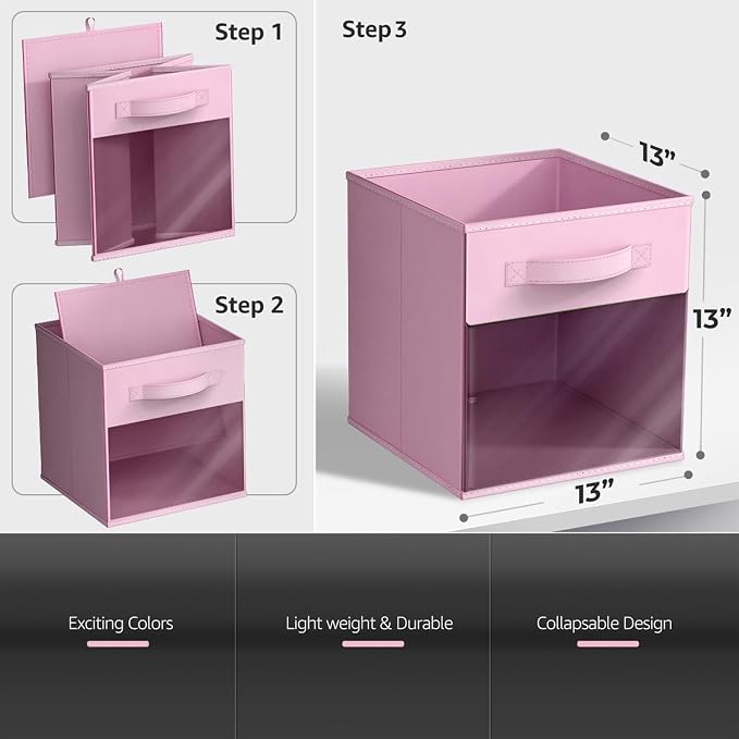Sorbus 13 Inch Storage Bins with Clear Window - 6 Foldable Baskets for Organizing Clothes, Toys, Books - Sturdy Collapsible Fabric Storage Cubes with Handle - Storage Baskets for Shelves, Closets - Image 3