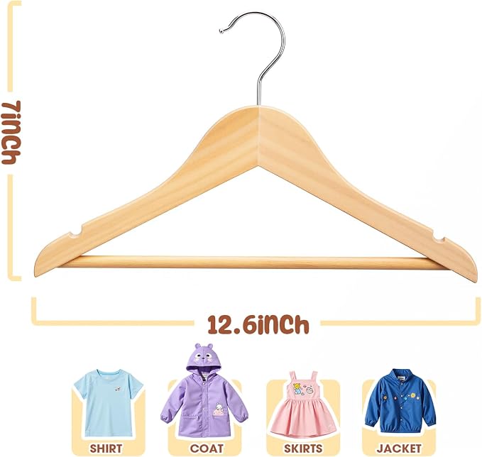 Kids Wooden Hangers 20 Pack, Solid Wood Baby Hangers,12.6" Kids Hangers with Pants Bar,Shoulder Notches,Swivel Hooks,for Toddler Kids Clothes(Natural) - Image 7