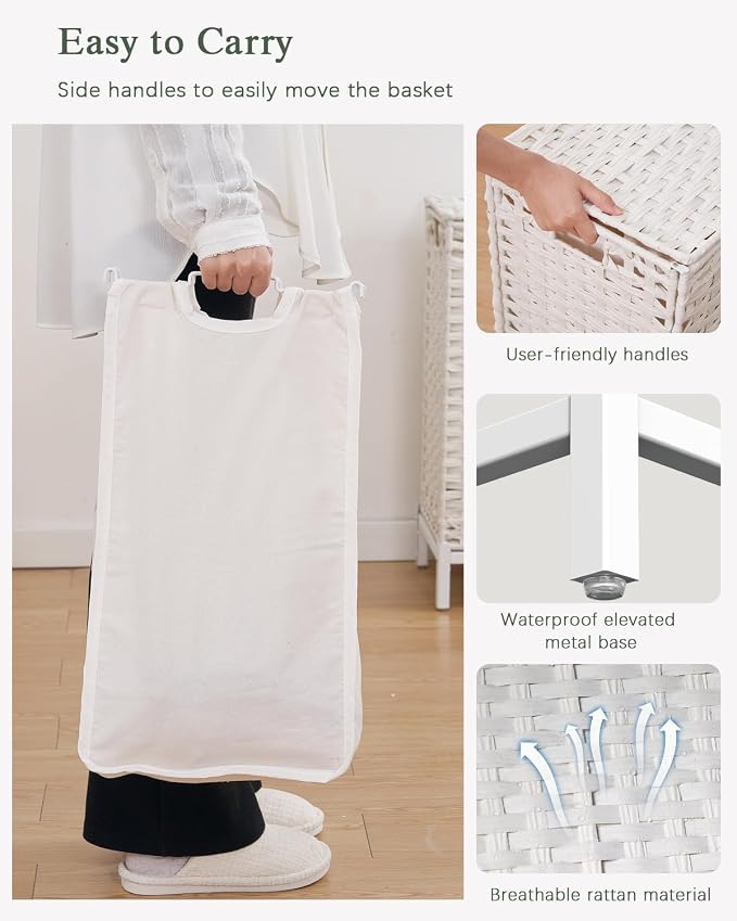SETVSON Laundry Hamper with Lid, Large 132L Rattan Basket, White | 3-Section Large 35 Gal Clothes Hamper, 3 Removable Bags, Heightened Metal Feet, 6 Mesh Laundry Bags, Steel Frame - Image 4