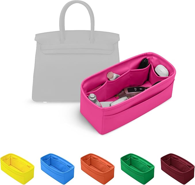 Satin Purse Organizer for Birkin 30, Rose shocking | Retourne Style, Tailored Fit, Multiple Pockets, Lightweight Satin, Ideal for Travel, Shopping, and Daily Use by KINGSINBAG