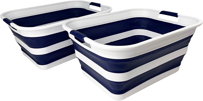 SAMMART Collapsible Plastic Laundry Basket with Handle/Foldable Pop Up Storage Hamper/Portable Laundry Organizer-Space Saving Washing Tub/Household Storage (White/Starry Blue, 42L (Set of 2)) by SAMMART