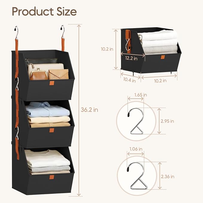 Collapsible Hanging Closet Organizer - 6 Tier Closet Shelves Storage System with Hooks, Fabric Hanging Storage Bins for Clothes, Foldable Storage Basket for Laundry, Bedroom, Rv, Black - Image 6