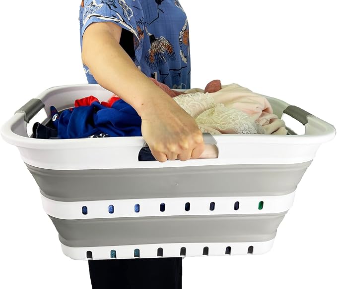 SAMMART 42L (11 gallons) Set of 2 Plastic Foldable Storage Basket/Container - Collapsible, Space Saving and Portable Laundry Hamper, Ideal for Home, Travel, Dorm, and Camping (2, White/Grey) - Image 6