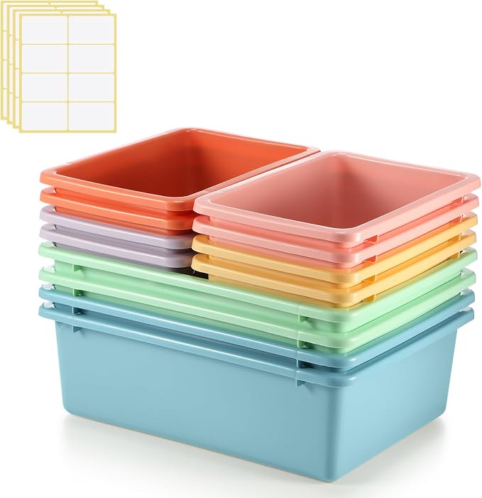Zonon 12 Pcs Plastic Cubby Bins Office Storage Container Storage Bins Plastic Organization with 1 Pack Self Adhesive Label for Library Office Home Nursery(Pastel) by Zonon