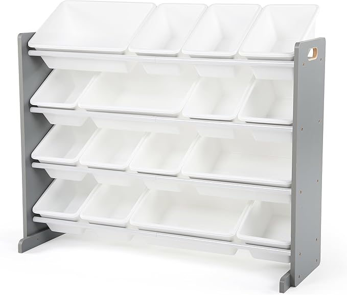 Humble Crew Kids Toy Organizer with 16 Bins, 4 Tier Storage for Playroom | Sturdy wood and steel toddler shelf, removable BPA-free containers, wall anchor anti-tip safety kit for bedroom or classroom by HumbleCrew