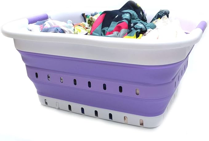 SAMMART 41L (10.8 gallon) Set of 2 Collapsible 3 Handled Plastic Laundry Basket-Foldable Pop Up Storage Container/Organizer-Space Saving Hamper/Basket (2, White/Lt. Purple) - Image 8