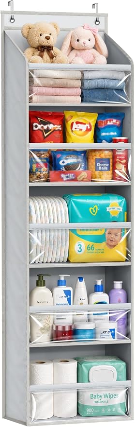 AOODA Over the Door Organizer, Large Capacity Closet Door Hanging Organizer, Clear Deep Pockets Baby Storage for Nursery, Bathroom, Bedroom, Pantry, Diapers (Grey) by AOODA