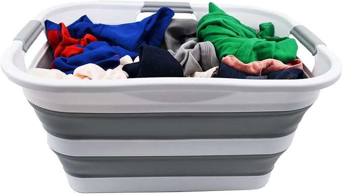 SAMMART - 30L (8 gallon) Collapsible Plastic Laundry Basket - Foldable Pop Up Storage Container/Organizer-Space Saving Hamper, Water capacity: 24L (6.3 gallon) (2, White/Grey/White) - Image 4