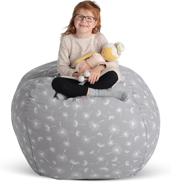 Stuff ’n Sit Extra Large 38’’ Bean Bag Storage Cover for Stuffed Animals & Toys, Giant Beanbag Chair for Kids Ages 3-14, Bedroom Organizer, Gray Dandelion by CreativeQT