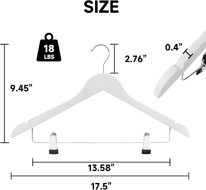 Wooden Hangers with Adjustable Metal Clips, 12-Pack, White | Solid Wood Hangers with 360° Rotatable Hook for Skirt, Dress, Coats, Jacket and Pants, Space-Saving and Non-Slip Design - Image 2