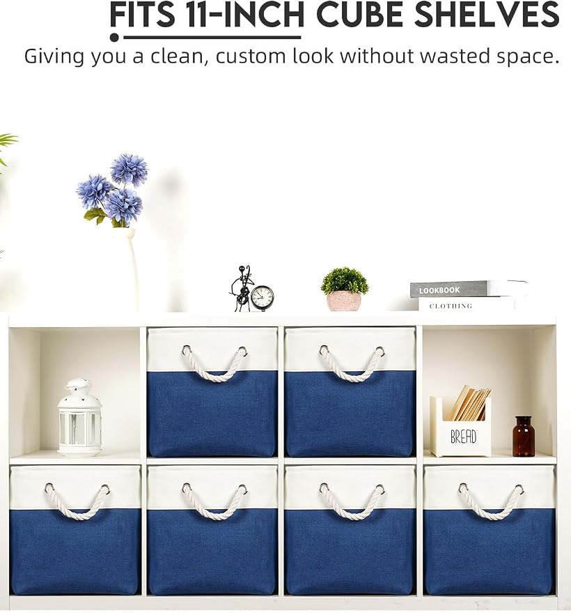 Temary Cube Storage Baskets 11x11, Set of 6 Decorative Fabric Bins with Metal Frame Around the Top Rim, Sturdy Collapsible Organizers for Closet, Office (White & Dark Blue) - Image 4