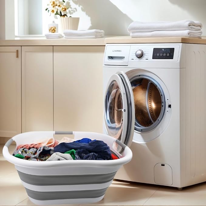SAMMART 40L (10.5 gallon) Set of 2 Collapsible Plastic Laundry Hamper - Foldable Pop Up Storage Container/Organizer - Portable Washing Tub - Space Saving Basket (2, White/Grey) - Image 3