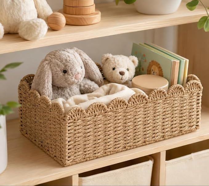 4 Pack Foldable Scalloped Basket, Handwoven Wicker Storage Baskets for Shelves Books Toys Towels, 14" L x 10.5" W x 6" H Natural Paper Rope Rattan Baskets for Organizing Boho Farmhouse Home Decor - Image 6