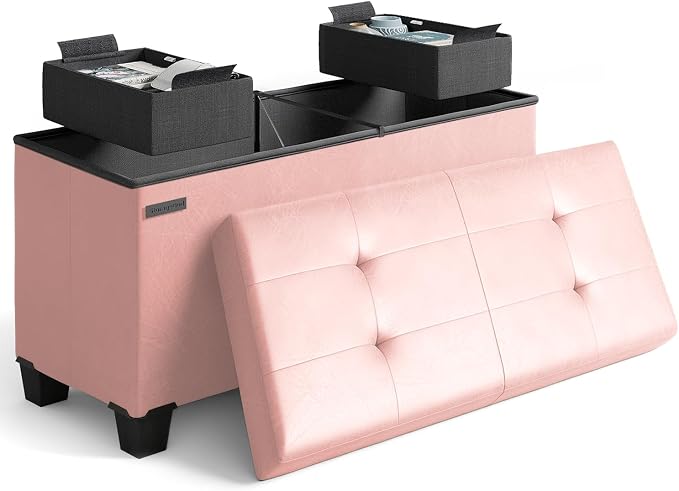 Storage Ottoman Bench with Bins, 30-in Storage Bench for Bedroom End of Bed, Folding Foot Rest Ottoman for Living Room Max 660lbs, Leather Ottomans, Pink by STORAGEBUD