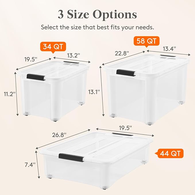 Lifewit 34Qt Storage Bins with Lids, Plastic Large Latches Boxes with Wheels, Clear Totes Tubs Container for Closet Organizers and Storage, Bedroom, Clothes, Craft, 6 Pcs - Image 3