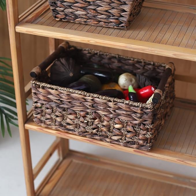 Water Hyacinth Wicker Storage Basket with Wood Handles, Large | Rectangular dark brown woven rattan basket, for shelves, kitchen countertops, closet, holds magazines, toilet paper - Image 3