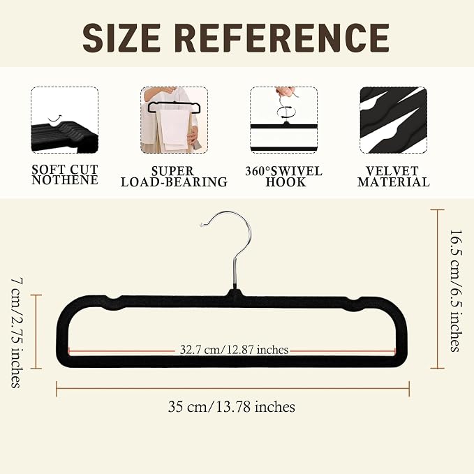 Pants Hangers Non Slip - 20 Pack Velvet Hangers for Closet - Thin Space Saving Clothes Hanger - Strong, Durable, Perchas Terciopelo with 360° Rotatable Hook for Jean, Tank Top, Bra, Shorts (Black) - Image 2