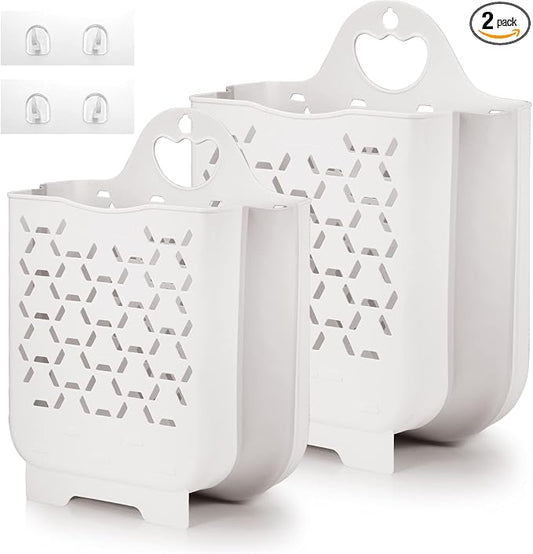Collapsible Laundry Basket 2Pack,Space-Saving Hanging Clothes Hamper,White | Small plastic hamper, hung on wall/door. Ventilated, slim & portable. Narrow for bathroom, kitchen, travel, dorm, nursery. by Asung