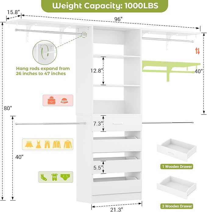 Aheaplus Closet System with Drawers, Wood Closet Organizer System with 4 Hanging Rods & Top Shelves, Walk-in Closets Organizer Wardrobe Clothes Rack System, Cut Fits Spaces 4-9FT. Wide, White - Image 7