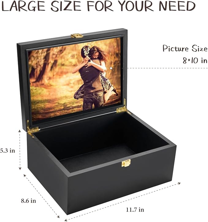 Larger Wooden Memory Keepsake Boxes With Hinged Lids and a photo frame inside the lid - Decorative Storage Box With a Hinge Lids For Picture Letter Time Capsule - 5.3“*8.6”*11.7“ Black - Image 5
