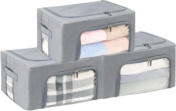 Clothes Storage Box Bins Stackable Foldable Organizer,Sturdy Handles with Metal Frame for Clothing Bedding Shelves,Closet Container with Clear Window Zipper and Label Holder (Gray, 22L x3 Pack) - Image 5
