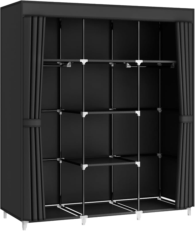 51" Portable Wardrobe Closet, Clothes Organizer, 8 Shelves 2 Rods, Black - Image 2