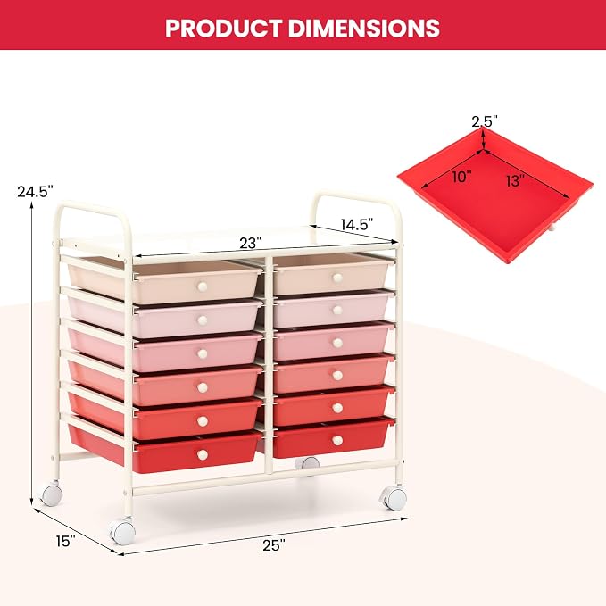 Giantex 12 Drawers Rolling Cart, Mobile Storage Drawer Cart, Classroom Organizer Cart for Office School Supplies Tools Scrapbook Paper Craft Small Printer, Utility Cart on Wheels, Pink Gradient - Image 3