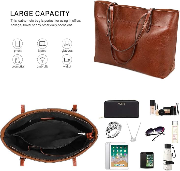 Kattee Vintage Genuine Leather Tote Shoulder Bag for Women | Genuine leather tote with adjustable straps, 7 pockets, and room for a 14-inch laptop, ideal for work and travel. - Image 4