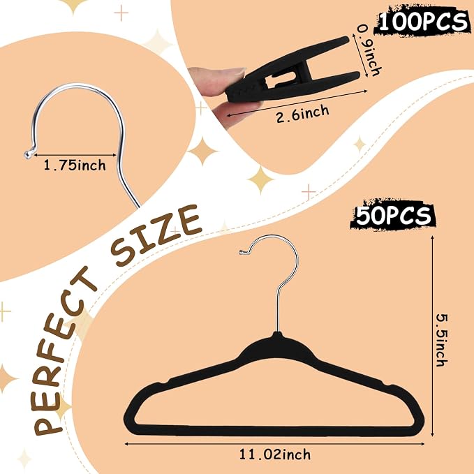 50 Pack Velvet Hangers for Baby & Kids, 11 Inch Non-Slip Infant Clothes Hangers with 100 Multi-use Adjustable Clips, Slim Space Saving Hanger for Nursery Closet, Toddler Skirts Pants Coat, Black - Image 2